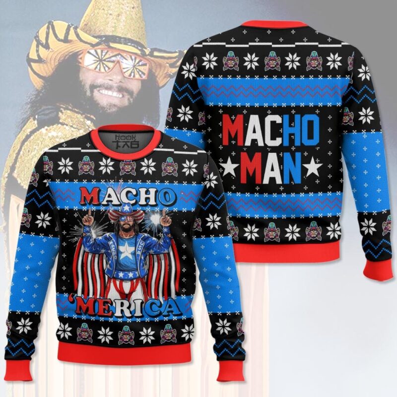 Hooktab Macho Man Macho Merica WWE Ugly Christmas Sweater Hooktab Macho Man Macho Merica WWE Ugly Christmas Sweater