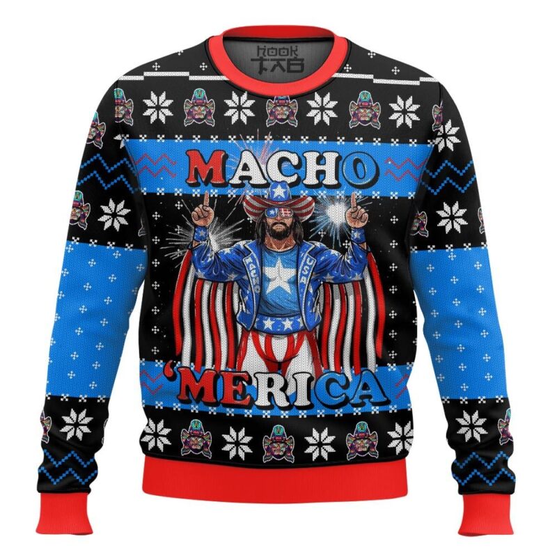 Hooktab Macho Man Macho Merica WWE Ugly Christmas Sweater