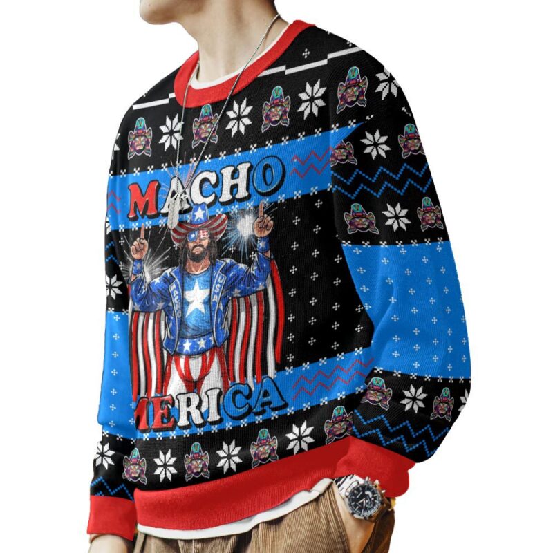 Hooktab Macho Man Macho Merica WWE Ugly Christmas Sweater Hooktab Macho Man Macho Merica WWE Ugly Christmas Sweater