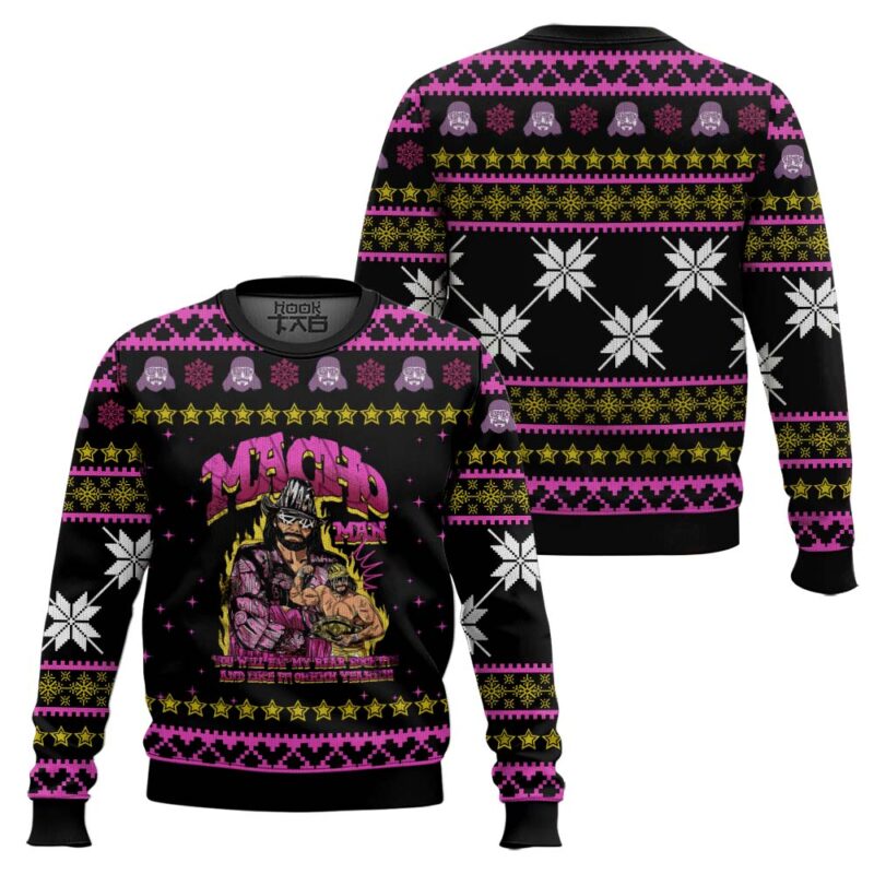 Hooktab Macho Man You Will Eat My Rear Rockets WWE Ugly Christmas Sweater Hooktab Macho Man You Will Eat My Rear Rockets WWE Ugly Christmas Sweater