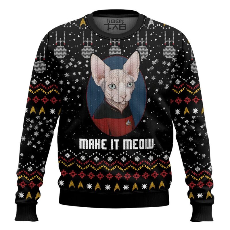 Hooktab Make It Meow Captain Cat Star Trek Ugly Christmas Sweater