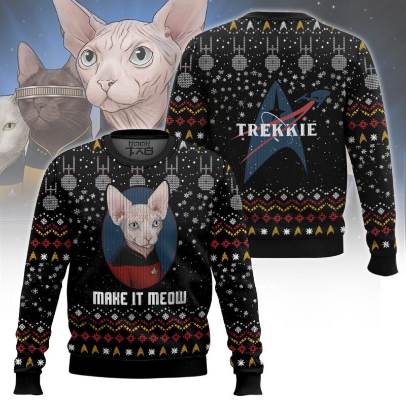 Hooktab Make It Meow Captain Cat Star Trek Ugly Christmas Sweater Hooktab Make It Meow Captain Cat Star Trek Ugly Christmas Sweater