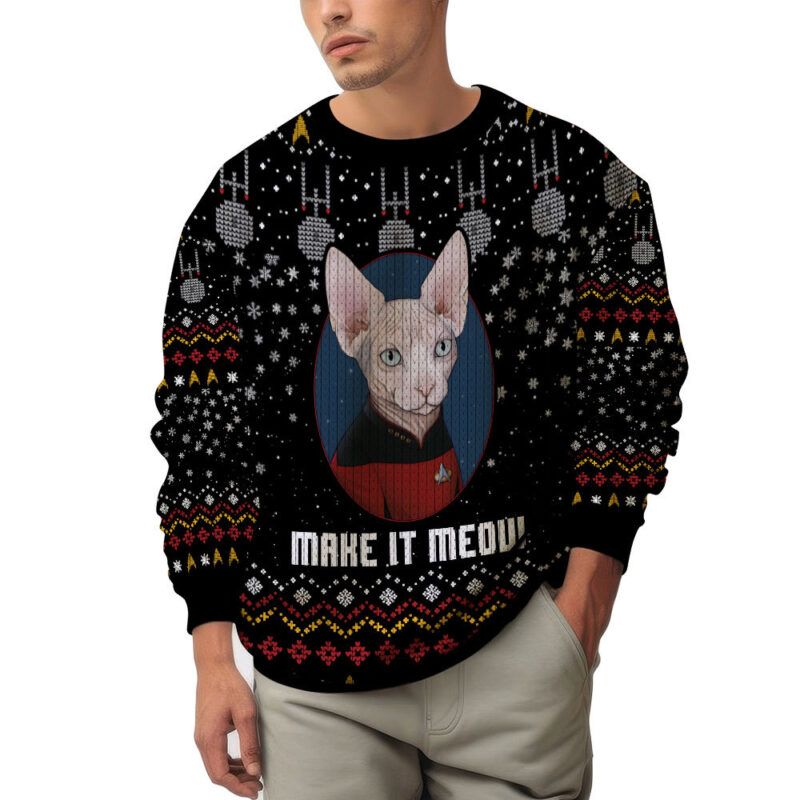 Hooktab Make It Meow Captain Cat Star Trek Ugly Christmas Sweater Hooktab Make It Meow Captain Cat Star Trek Ugly Christmas Sweater