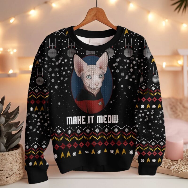 Hooktab Make It Meow Captain Cat Star Trek Ugly Christmas Sweater Hooktab Make It Meow Captain Cat Star Trek Ugly Christmas Sweater