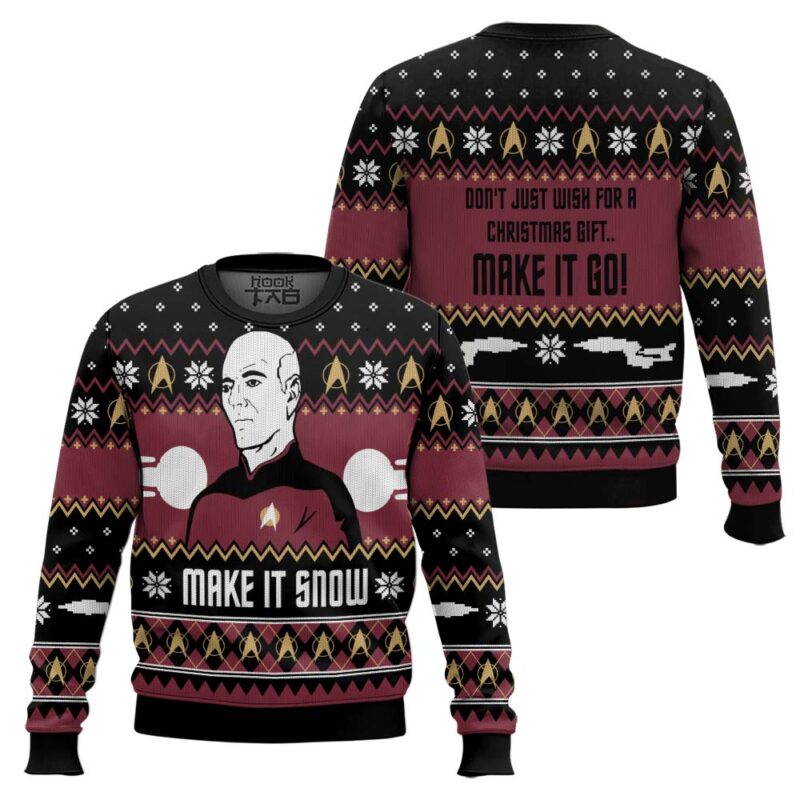 Hooktab Make It Snow Captain Jean-Luc Picard Star Trek Ugly Christmas Sweater Hooktab Make It Snow Captain Jean-Luc Picard Star Trek Ugly Christmas Sweater