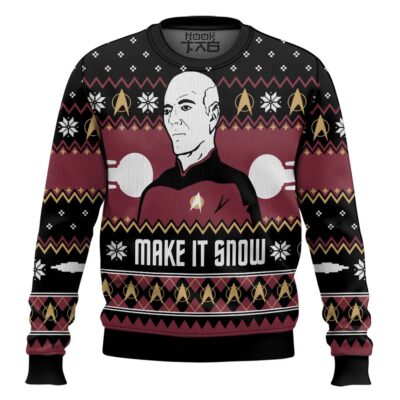 Hooktab Make It Snow Captain Jean-Luc Picard Star Trek Ugly Christmas Sweater