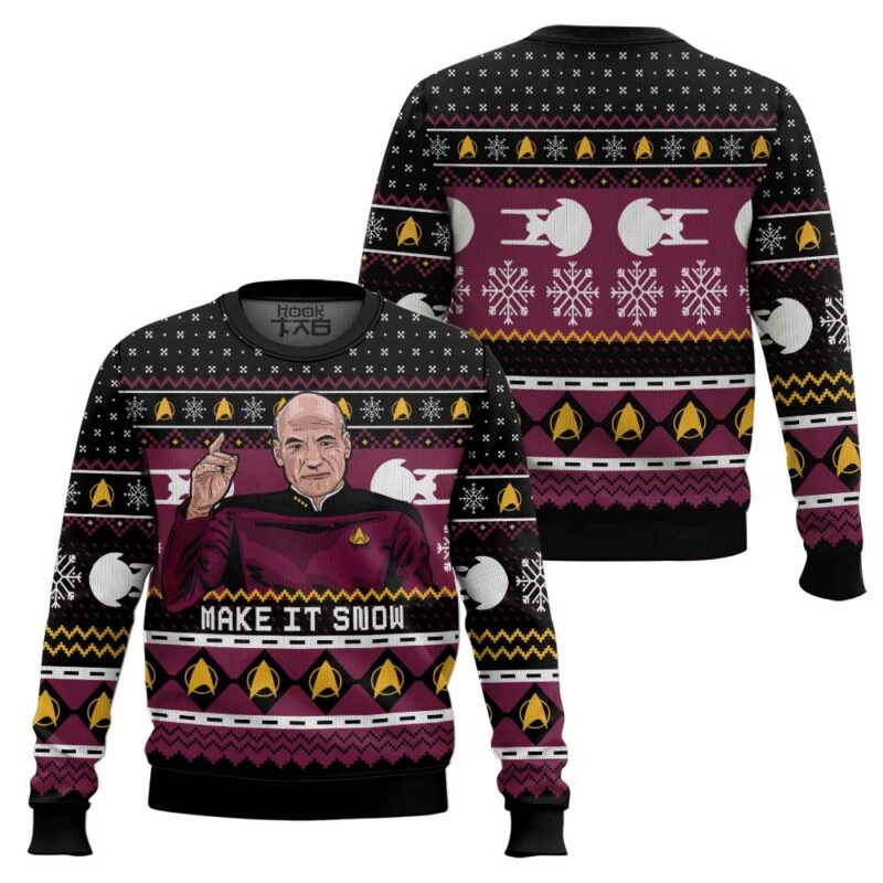Hooktab Make It Snow Captain Picard Star Trek Ugly Christmas Sweater Hooktab Make It Snow Captain Picard Star Trek Ugly Christmas Sweater