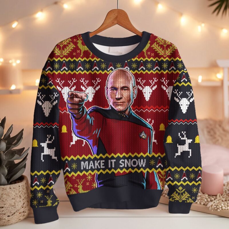 Hooktab Make It Snow Jean-Luc Picard Star Trek Ugly Christmas Sweater Hooktab Make It Snow Jean-Luc Picard Star Trek Ugly Christmas Sweater