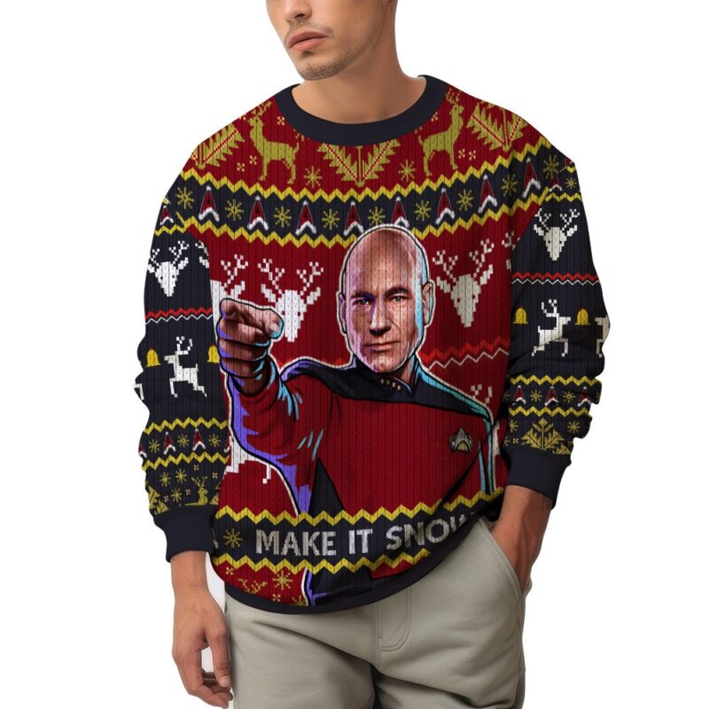 Hooktab Make It Snow Jean-Luc Picard Star Trek Ugly Christmas Sweater Hooktab Make It Snow Jean-Luc Picard Star Trek Ugly Christmas Sweater