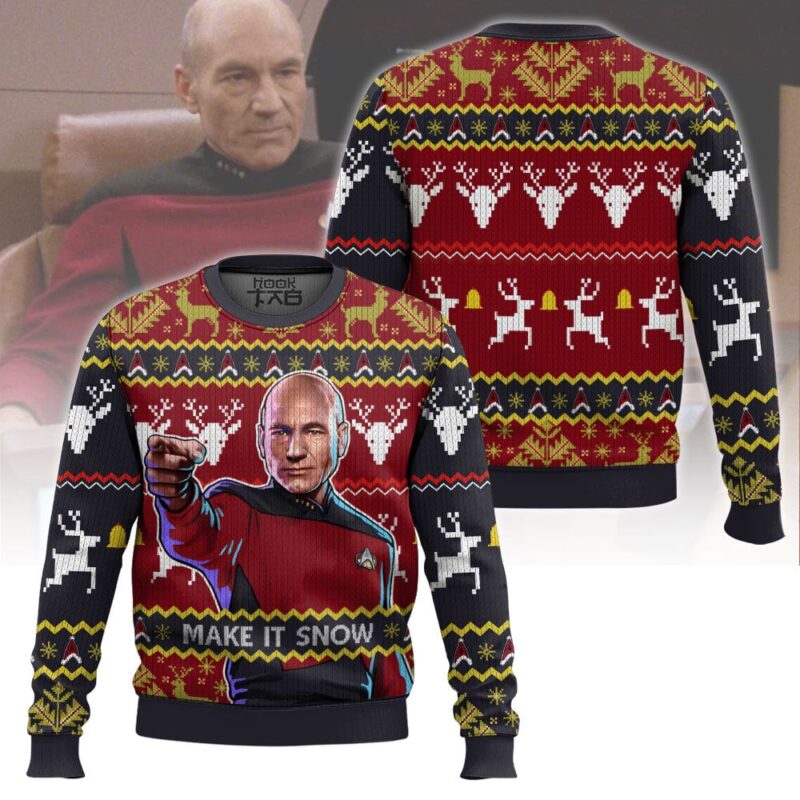 Hooktab Make It Snow Jean-Luc Picard Star Trek Ugly Christmas Sweater Hooktab Make It Snow Jean-Luc Picard Star Trek Ugly Christmas Sweater