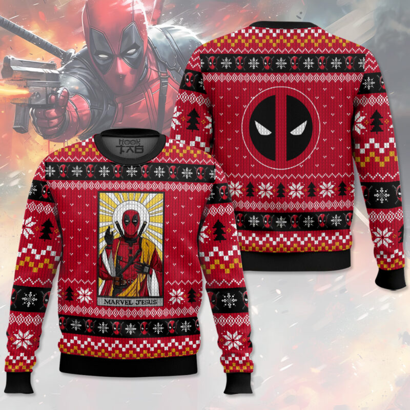 Hooktab Marvel Jesus Deadpool Ugly Christmas Sweater Hooktab Marvel Jesus Deadpool Ugly Christmas Sweater