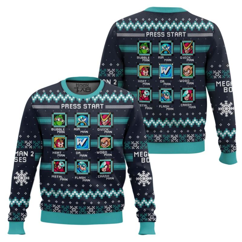 Hooktab Mega Man 2 Bosses Ugly Christmas Sweater Hooktab Mega Man 2 Bosses Ugly Christmas Sweater