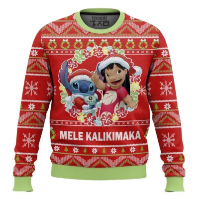 Hooktab Mele Kalikimaka Lilo And Stitch Ugly Christmas Sweater