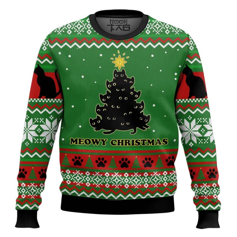Hooktab Meowy Christmas Black Cat Tree Ugly Christmas Sweater