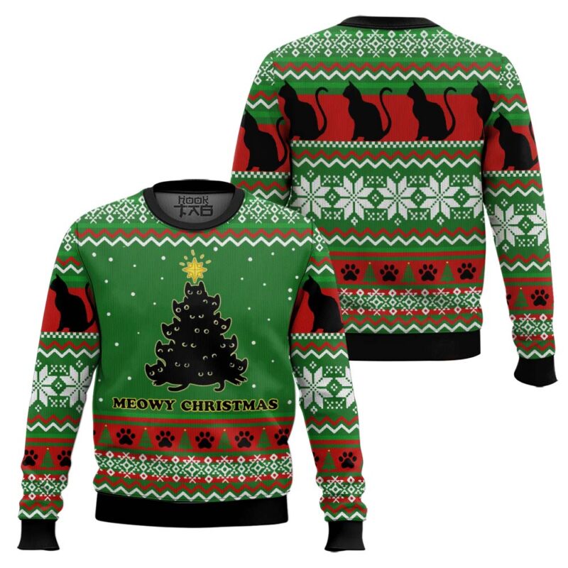 Hooktab Meowy Christmas Black Cat Tree Ugly Christmas Sweater Hooktab Meowy Christmas Black Cat Tree Ugly Christmas Sweater