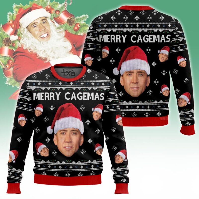 Hooktab Merry Cagemas Nicolas Cage, Ugly Christmas Sweater Hooktab Merry Cagemas Nicolas Cage, Ugly Christmas Sweater