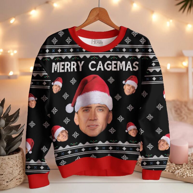 Hooktab Merry Cagemas Nicolas Cage, Ugly Christmas Sweater Hooktab Merry Cagemas Nicolas Cage, Ugly Christmas Sweater