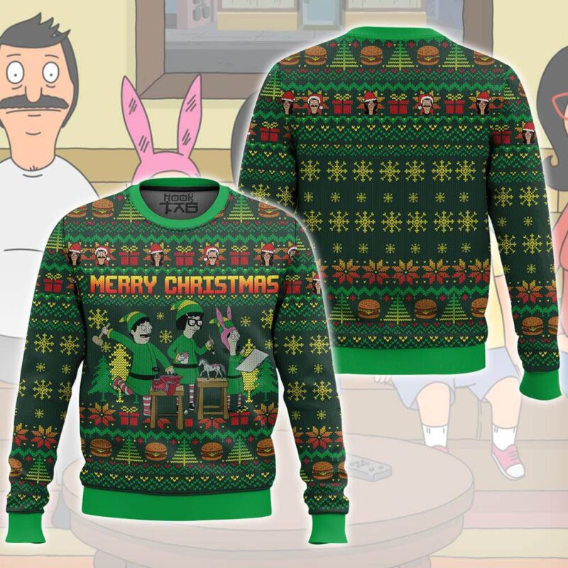 Hooktab Merry Christmas Bob's Burgers Ugly Christmas Sweater Hooktab Merry Christmas Bob's Burgers Ugly Christmas Sweater