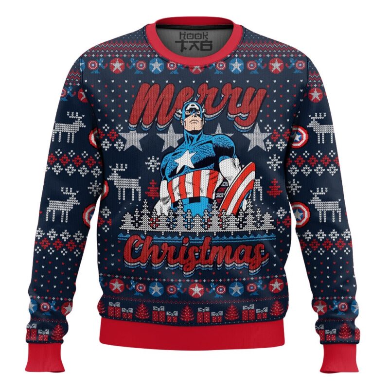 Hooktab Merry Christmas Captain America Ugly Christmas Sweater