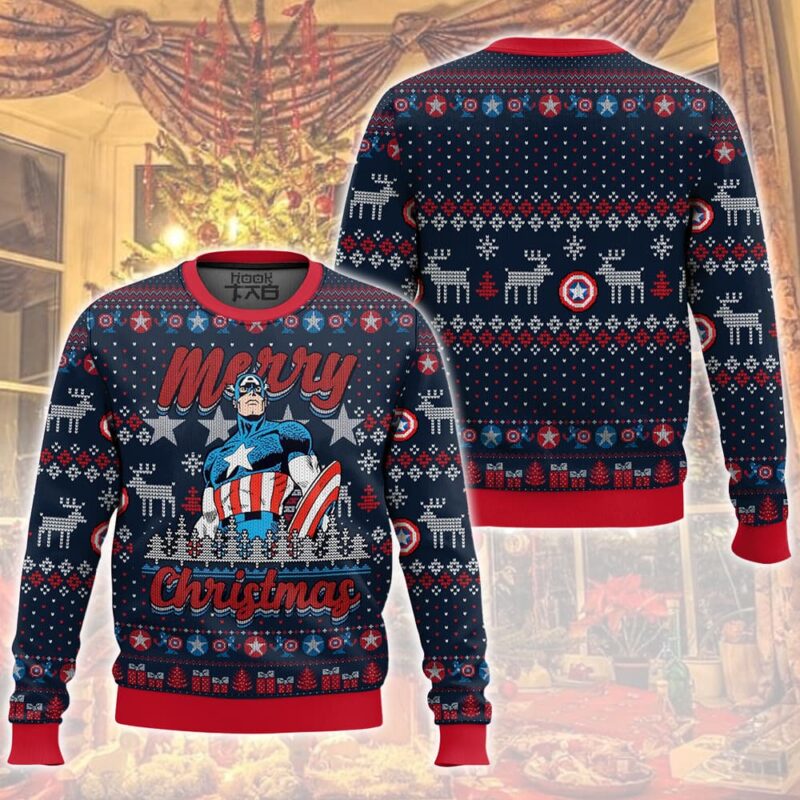 Hooktab Merry Christmas Captain America Ugly Christmas Sweater Hooktab Merry Christmas Captain America Ugly Christmas Sweater