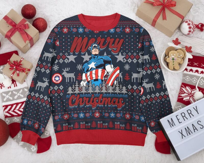 Hooktab Merry Christmas Captain America Ugly Christmas Sweater Hooktab Merry Christmas Captain America Ugly Christmas Sweater