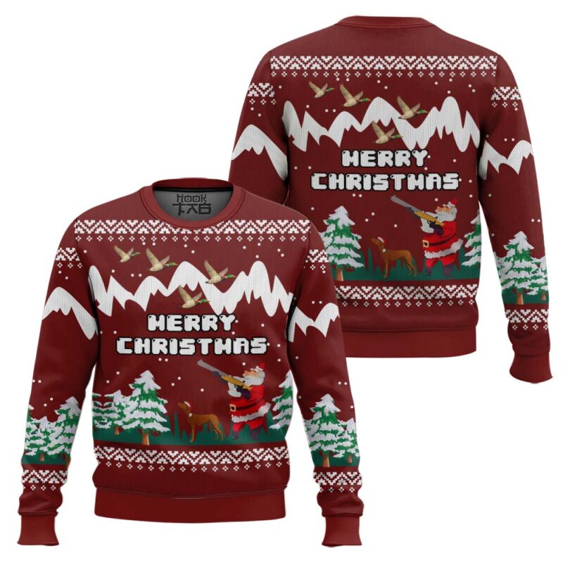 Hooktab Merry Christmas Duck Hunting Santa Ugly Christmas Sweater Hooktab Merry Christmas Duck Hunting Santa Ugly Christmas Sweater