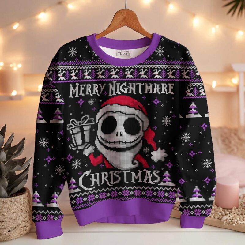 Hooktab Merry Christmas Jack Skellington Ugly Christmas Sweater Hooktab Merry Christmas Jack Skellington Ugly Christmas Sweater