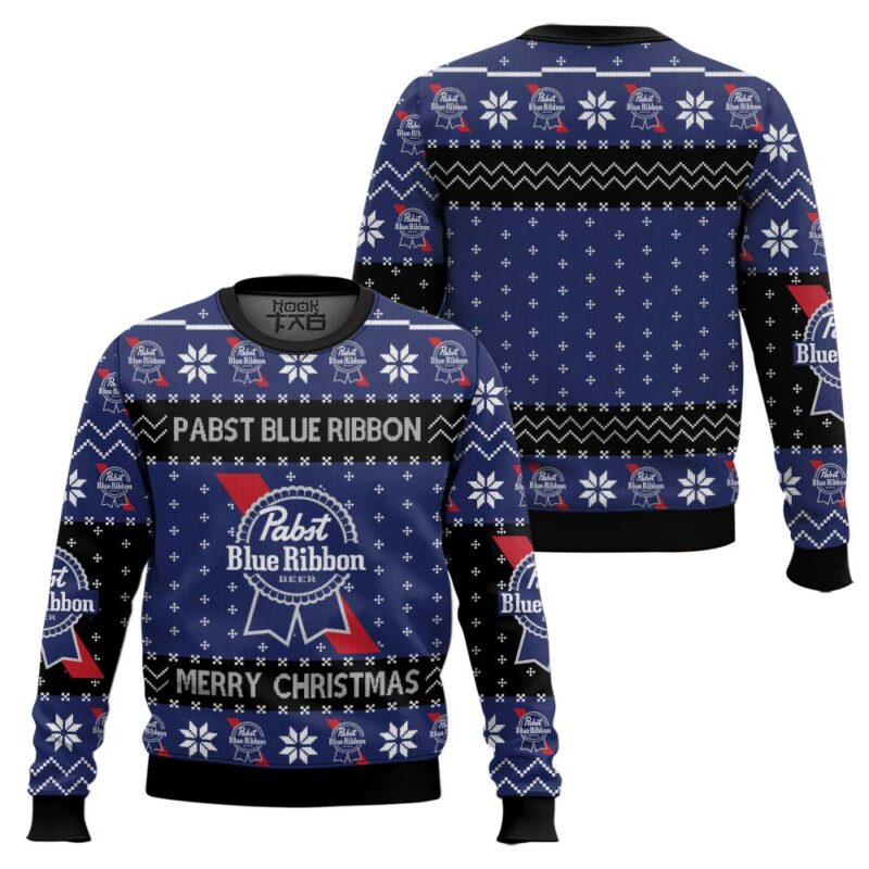Hooktab Merry Christmas Pabst Blue Ribbon Ugly Christmas Sweater Hooktab Merry Christmas Pabst Blue Ribbon Ugly Christmas Sweater