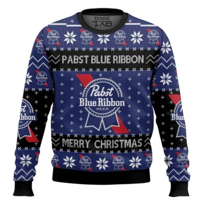 Hooktab Merry Christmas Pabst Blue Ribbon Ugly Christmas Sweater