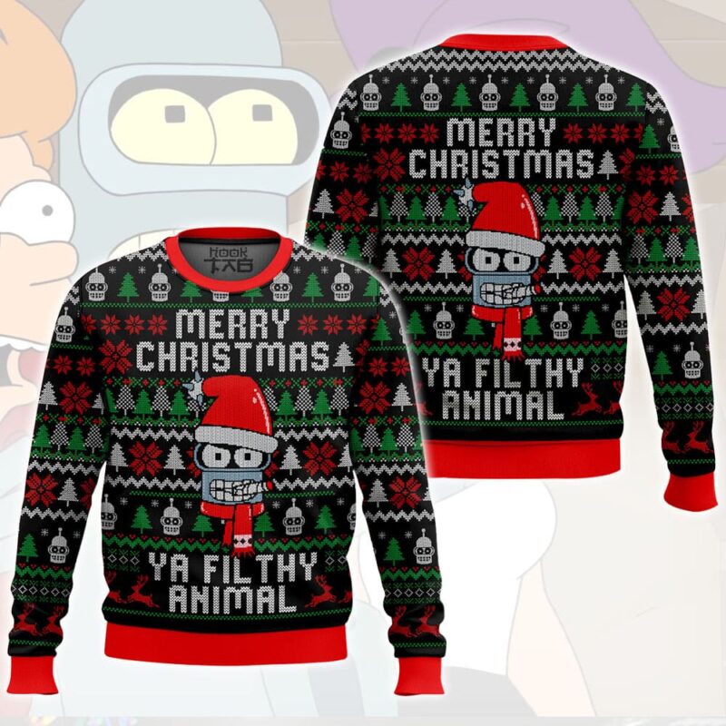Hooktab Merry Christmas Ya Filthy Animal Bender Futurama Ugly Christmas Sweater Hooktab Merry Christmas Ya Filthy Animal Bender Futurama Ugly Christmas Sweater