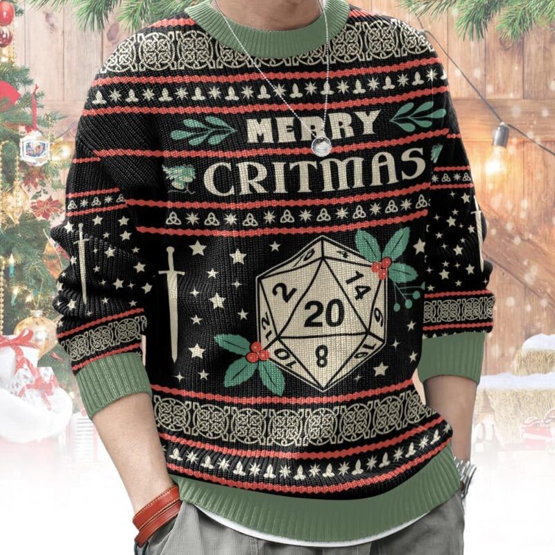 Hooktab Merry Critmas Dungeons & Dragons Ugly Christmas Sweater Hooktab Merry Critmas Dungeons & Dragons Ugly Christmas Sweater