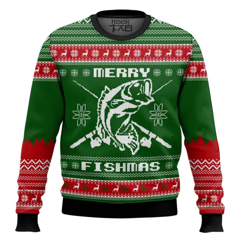 Hooktab Merry Fishmas Bass Fishing Ugly Christmas Sweater