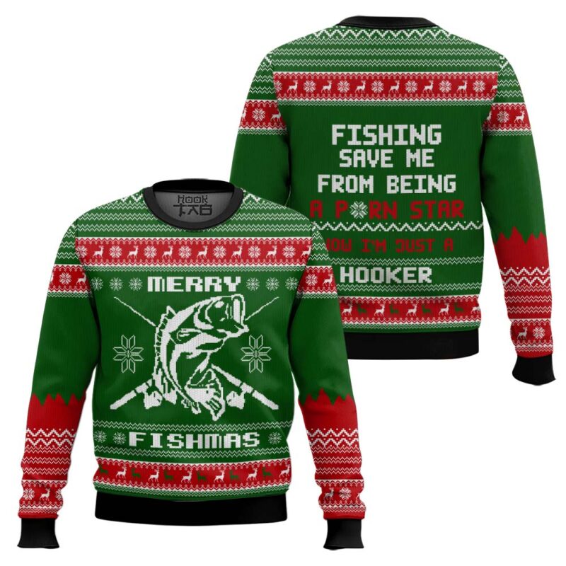 Hooktab Merry Fishmas Bass Fishing Ugly Christmas Sweater Hooktab Merry Fishmas Bass Fishing Ugly Christmas Sweater