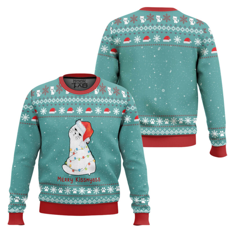Hooktab Merry Kissmyass Cat Ugly Christmas Sweater Hooktab Merry Kissmyass Cat Ugly Christmas Sweater