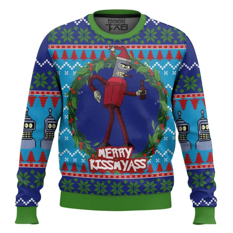 Hooktab Merry Kissmyass Futurama Ugly Christmas Sweater Hooktab Merry Kissmyass Futurama Ugly Christmas Sweater