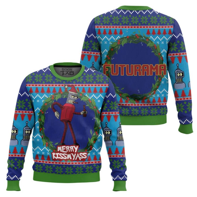 Hooktab Merry Kissmyass Futurama Ugly Christmas Sweater Hooktab Merry Kissmyass Futurama Ugly Christmas Sweater