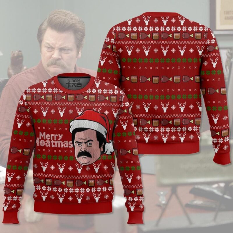 Hooktab Merry Meatmas Ron Swanson Parks And Recreation Ugly Christmas Sweater Hooktab Merry Meatmas Ron Swanson Parks And Recreation Ugly Christmas Sweater