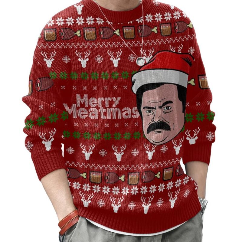 Hooktab Merry Meatmas Ron Swanson Parks And Recreation Ugly Christmas Sweater Hooktab Merry Meatmas Ron Swanson Parks And Recreation Ugly Christmas Sweater