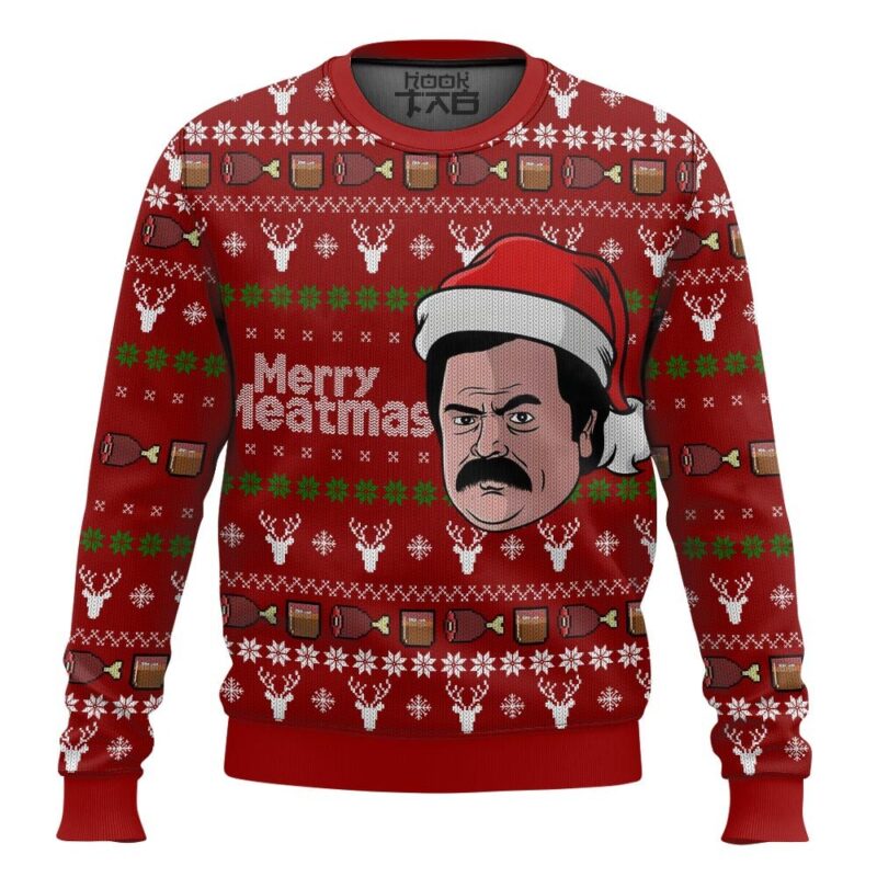 Hooktab Merry Meatmas Ron Swanson Parks And Recreation Ugly Christmas Sweater