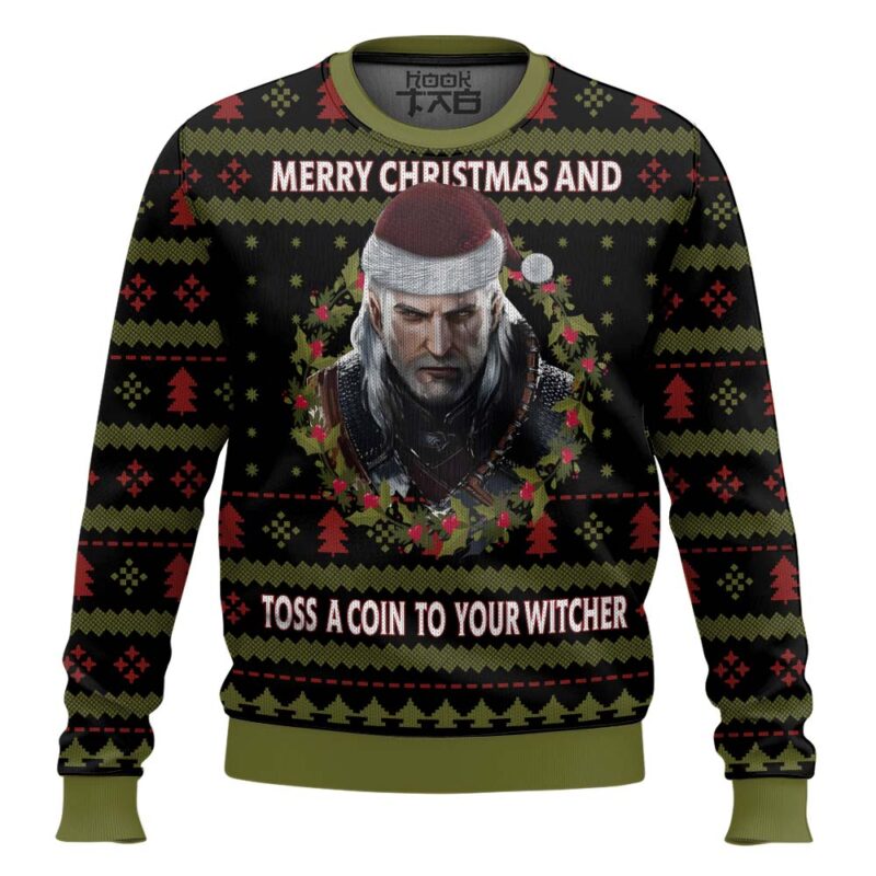 Hooktab Merry Xmas And Toss A Coin The Witcher Ugly Christmas Sweater