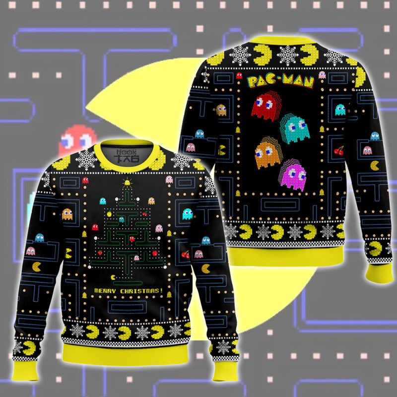 Hooktab Merry Xmas Pac Man Ugly Christmas Sweater Hooktab Merry Xmas Pac Man Ugly Christmas Sweater
