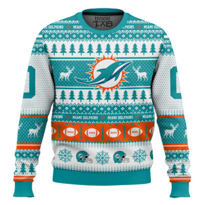 Hooktab Miami Dolphins - Custom Name And Number Ugly Sweater
