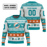 Hooktab Miami Dolphins - Custom Name And Number Ugly Sweater