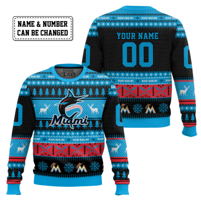 Hooktab Miami Marlins - Custom Name And Number Ugly Sweater Hooktab Miami Marlins - Custom Name And Number Ugly Sweater