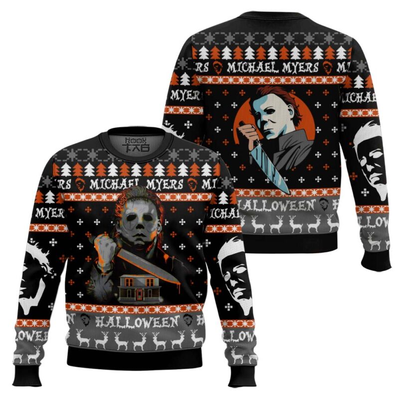 Hooktab Michael Myers Happy Halloween Ugly Christmas Sweater Hooktab Michael Myers Happy Halloween Ugly Christmas Sweater