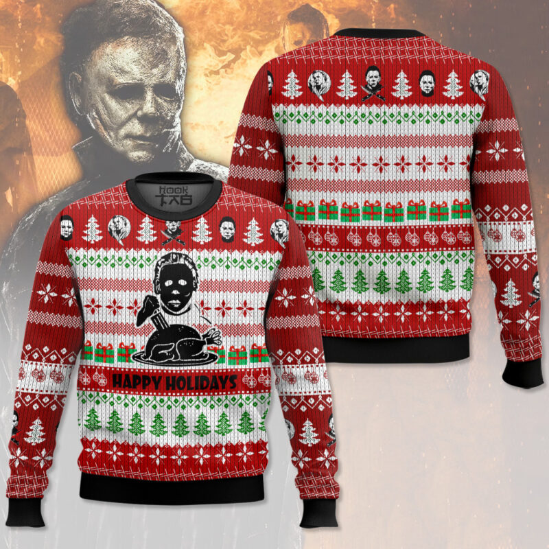 Hooktab Michael Myers Happy Holidays Ugly Christmas Sweater Hooktab Michael Myers Happy Holidays Ugly Christmas Sweater