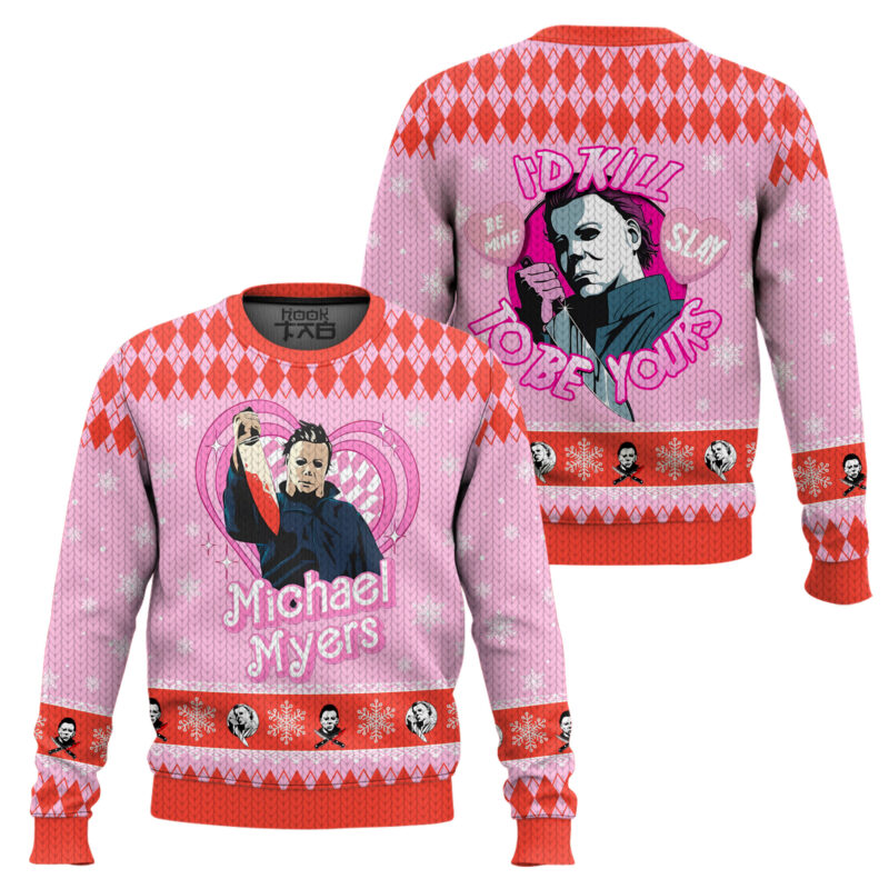 Hooktab Michael Myers Pink Halloween Ugly Christmas Sweater Hooktab Michael Myers Pink Halloween Ugly Christmas Sweater