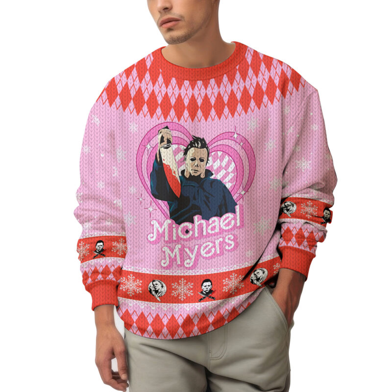 Hooktab Michael Myers Pink Halloween Ugly Christmas Sweater Hooktab Michael Myers Pink Halloween Ugly Christmas Sweater