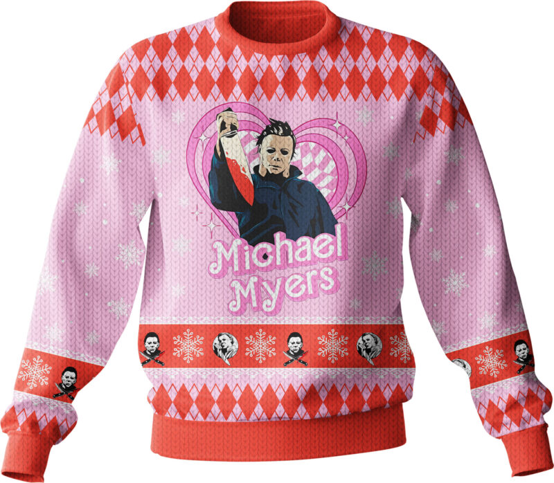 Hooktab Michael Myers Pink Halloween Ugly Christmas Sweater Hooktab Michael Myers Pink Halloween Ugly Christmas Sweater