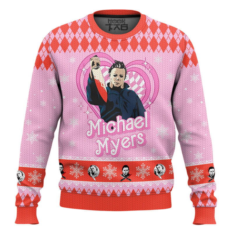 Hooktab Michael Myers Pink Halloween Ugly Christmas Sweater Hooktab Michael Myers Pink Halloween Ugly Christmas Sweater